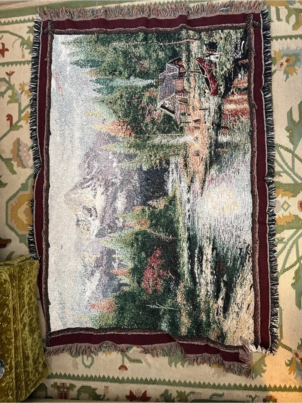Thomas Kinkade Scenic Cabin Tapestry Throw - Green, Red, Brown